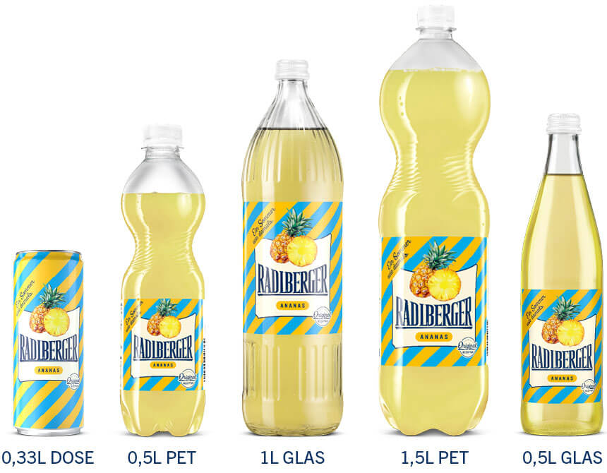 Radlberger Ananas gibt es in folgenden Gebindegrößen: 0,33 l Dose, 0,5 l Pet-Flasche, 1 l Glasflasche, 1,5 l Pet-Flasche, 0,5 l Glasflasche