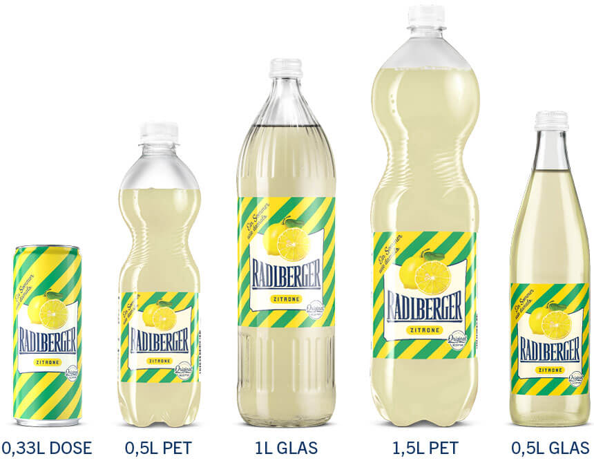 Radlberger Zitrone gibt es in folgenden Gebindegrößen: 0,33 l Dose, 0,5 l Pet-Flasche, 1 l Glasflasche, 1,5 l Pet-Flasche, 0,5 l Glasflasche