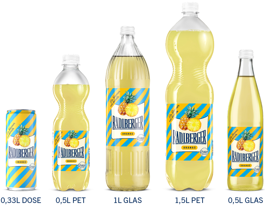 Radlberger Ananas gibt es in folgenden Gebindegrößen: 0,33 l Dose, 0,5 l Pet-Flasche, 1 l Glasflasche, 1,5 l Pet-Flasche, 0,5 l Glasflasche