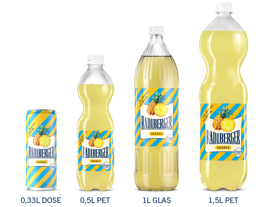 Radlberger Ananas gibt es in folgenden Gebindegrößen: 0,33 l Dose, 0,5 l Pet-Flasche, 1 l Glasflasche, 1,5 l Pet-Flasche