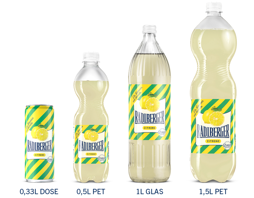 Radlberger Zitrone gibt es in folgenden Gebindegrößen: 0,33 l Dose, 0,5 l Pet-Flasche, 1 l Glasflasche, 1,5 l Pet-Flasche
